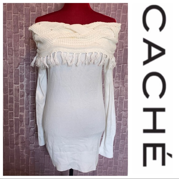 Ivory Fringe Tassel Off-Shoulder Sweater Tunic - Picture 1 of 7